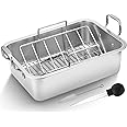 15 Inch Stainless Steel Roasting Pan with Cooling Rack - Turkey, Chicken, Ham Roaster with V-Shaped Baking Rack by Kendane