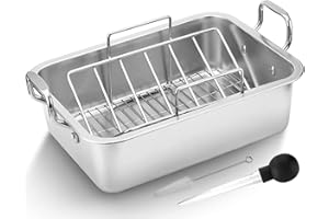 15 Inch Stainless Steel Roasting Pan with Cooling Rack - Turkey, Chicken, Ham Roaster with V-Shaped Baking Rack by Kendane