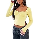 Balimtoy Womens Long Sleeve Going Out Crop Tops Cute Y2K Fall Shirts Sweetheart Neckline Bustier Top with Slit