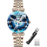 deselon Watches for Women Rose Gold Stainless Ladies Female Fashion Luxury Diamond Dress Business Waterproof Quartz Girls Wife Gifts Crystal Blue Wrist Watch