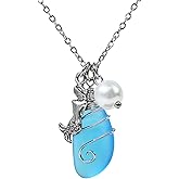 Sea Glass Necklace, Wire Wrapped Beach Necklaces, Sea Glass Jewelry, Handmade Blue Beach Jewelry for Women Trendy