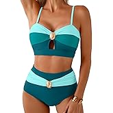 Herseas Women's 2 Piece Colorblock Bikini Sets Oval Metal Cutout Swimsuit High Waisted 2026 Beach Summer Swim Bathing Suits