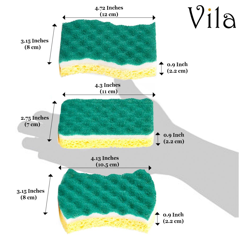 Vila 6-Pack Scrub Sponge -- With Triple-Cleaning system - Heavy-duty and Odor-Resistant - Tough on Grease but gentle on delicate surfaces - 1 Pad Lasts over a Month
