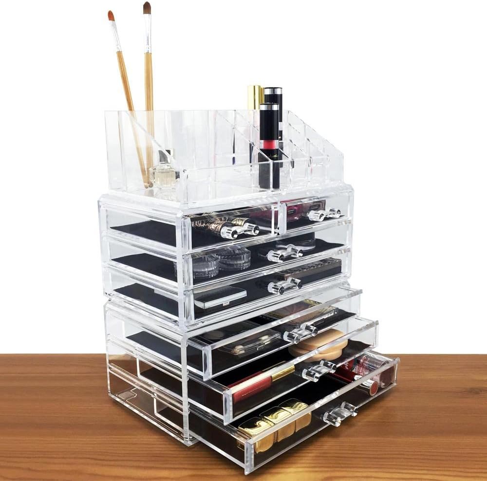 Ikee Design Cosmetics Makeup and Jewelry Storage Case Display for Lipstick, Nail Polish, and Makeup Brushes, Cosmetic Jewelry Organizer Makeup Holder, Cosmetic Organizer for Vanity, Clear: Home & Kitchen