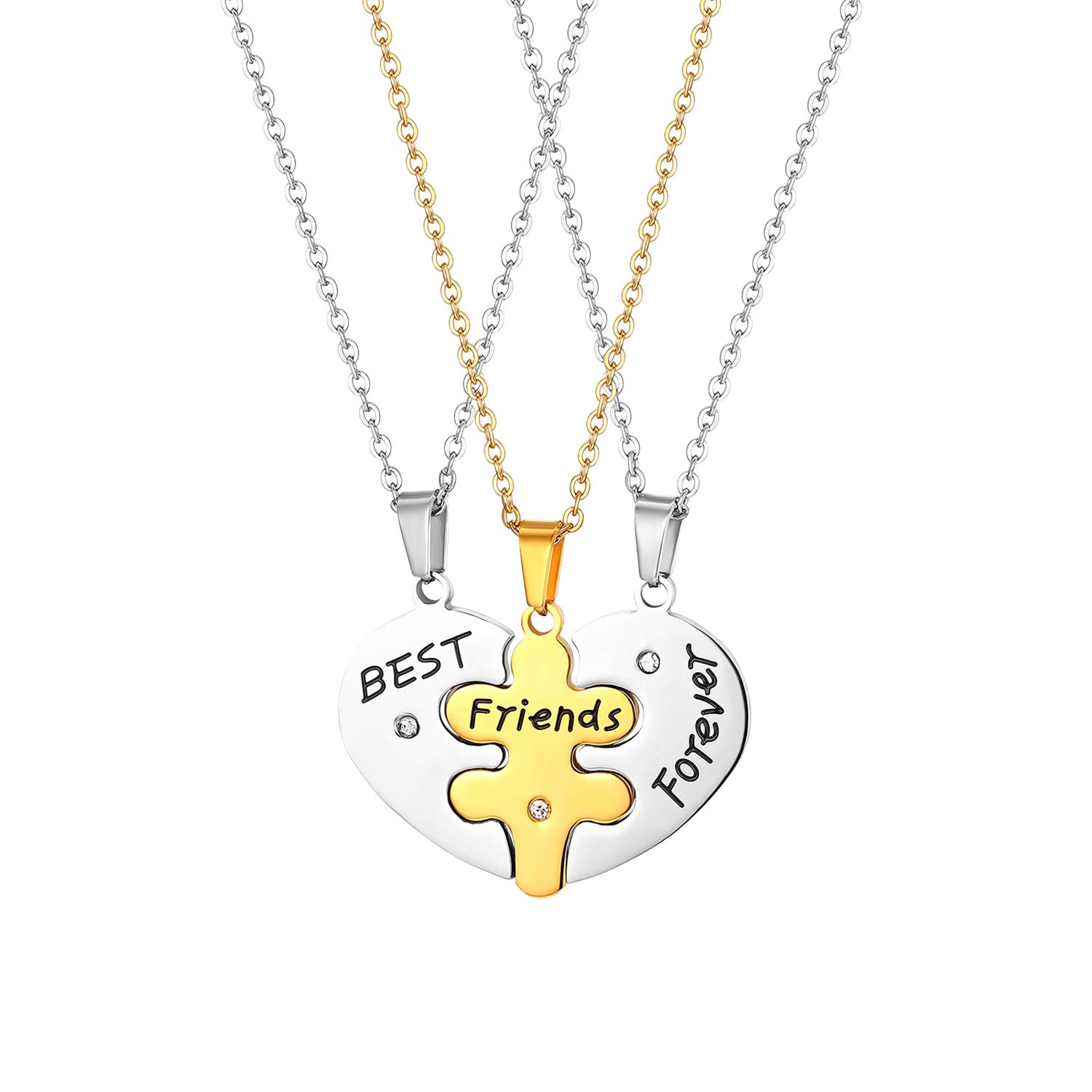 Cupimatch Stainless Steel Heart Shape Pendant Matching 3 Piece Best Friend Necklaces Chain (Gold)