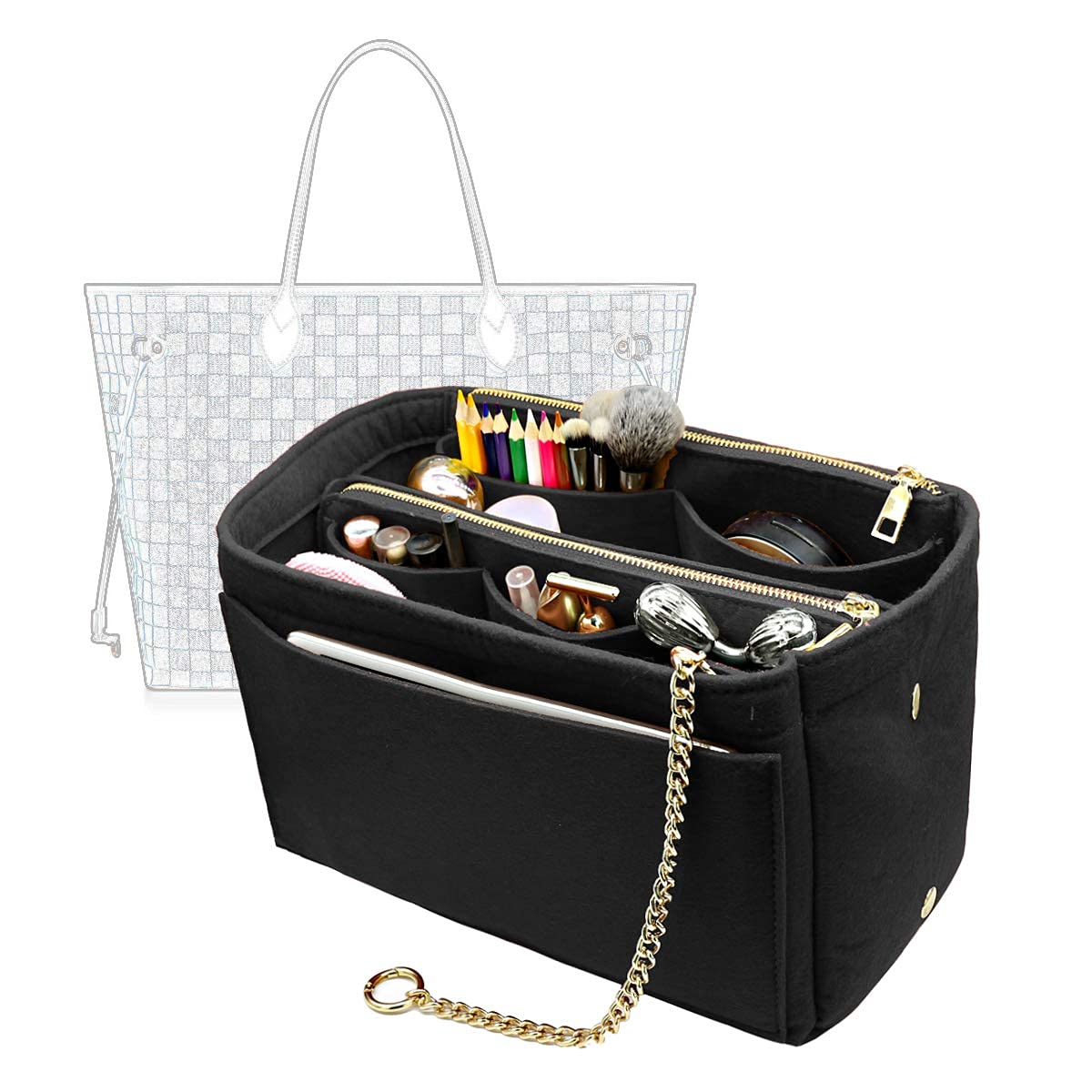 LEXSIONLEXSION 3 in 1 Felt Purse Organizer Insert Bag in Bag with a Bottle Holder Shaper 8026 Black L