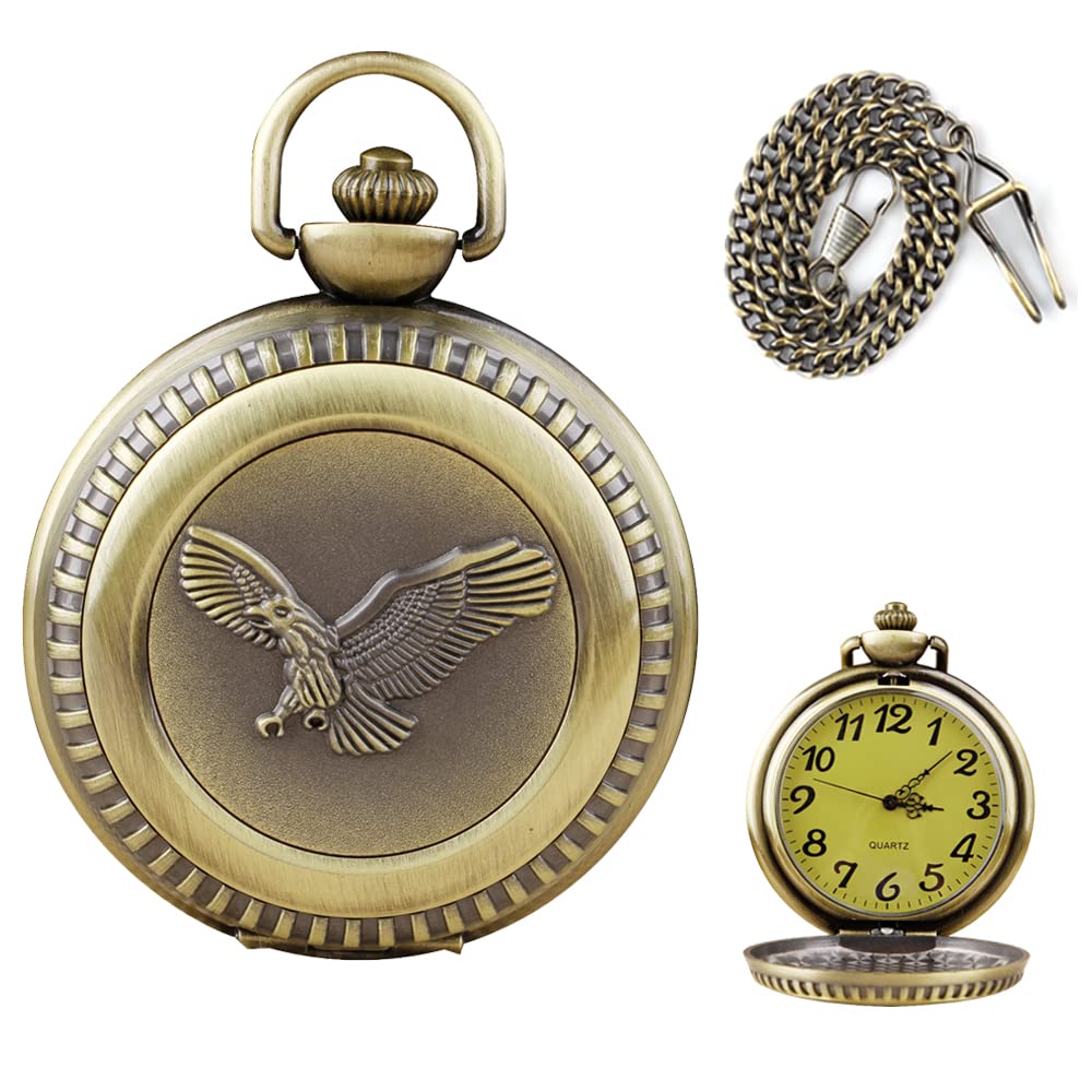 Tiong Pocket Watch with Chain Vintage Quartz Movement Arabic Numerals Half Hunter Engraved Flying Eagle Design Pocket Watch for Men with Gift Box