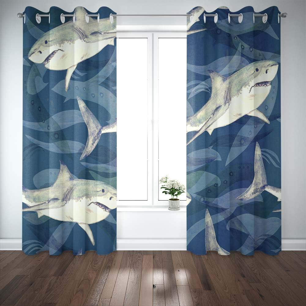Shorping Window Curtains, Window Panels Sliding Blackout Curtains White Shark Painted Watercolor Pattern on Dark Blue Ocean Surface with Waves Country Shower Curtain for Bedroom 52X63 Inches,2 Pc