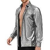 PJ PAUL JONES Men's 70s Disco Shirts Luxury Metallic Sequins Button Down Long Sleeve Party Shirt Nightclub Costume Tops