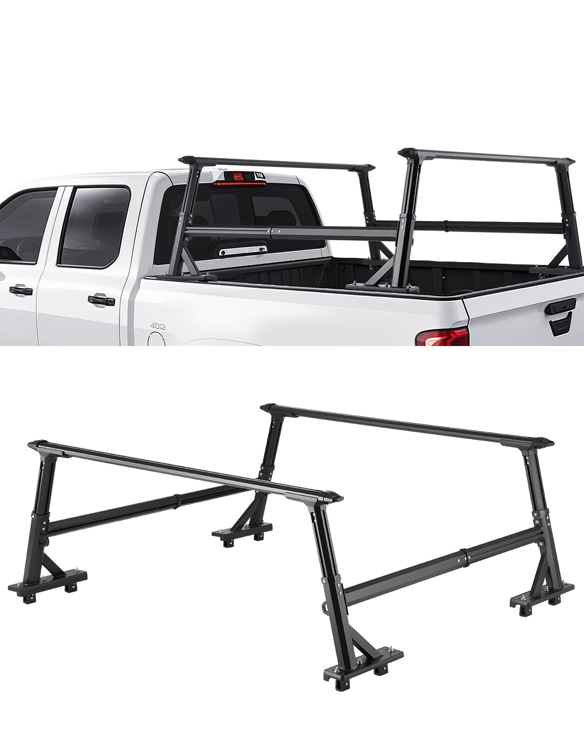 Photo 1 of VEVOR Truck Ladder Rack, 21-31.5 in Height, Adjustable Non-Drilling Aluminum Cargo Rack with Sidebar, 800 lbs Static Capacity, Ideal for Canoes, Surfboards, Ladders, Lumber, Tents, and Large Cargo