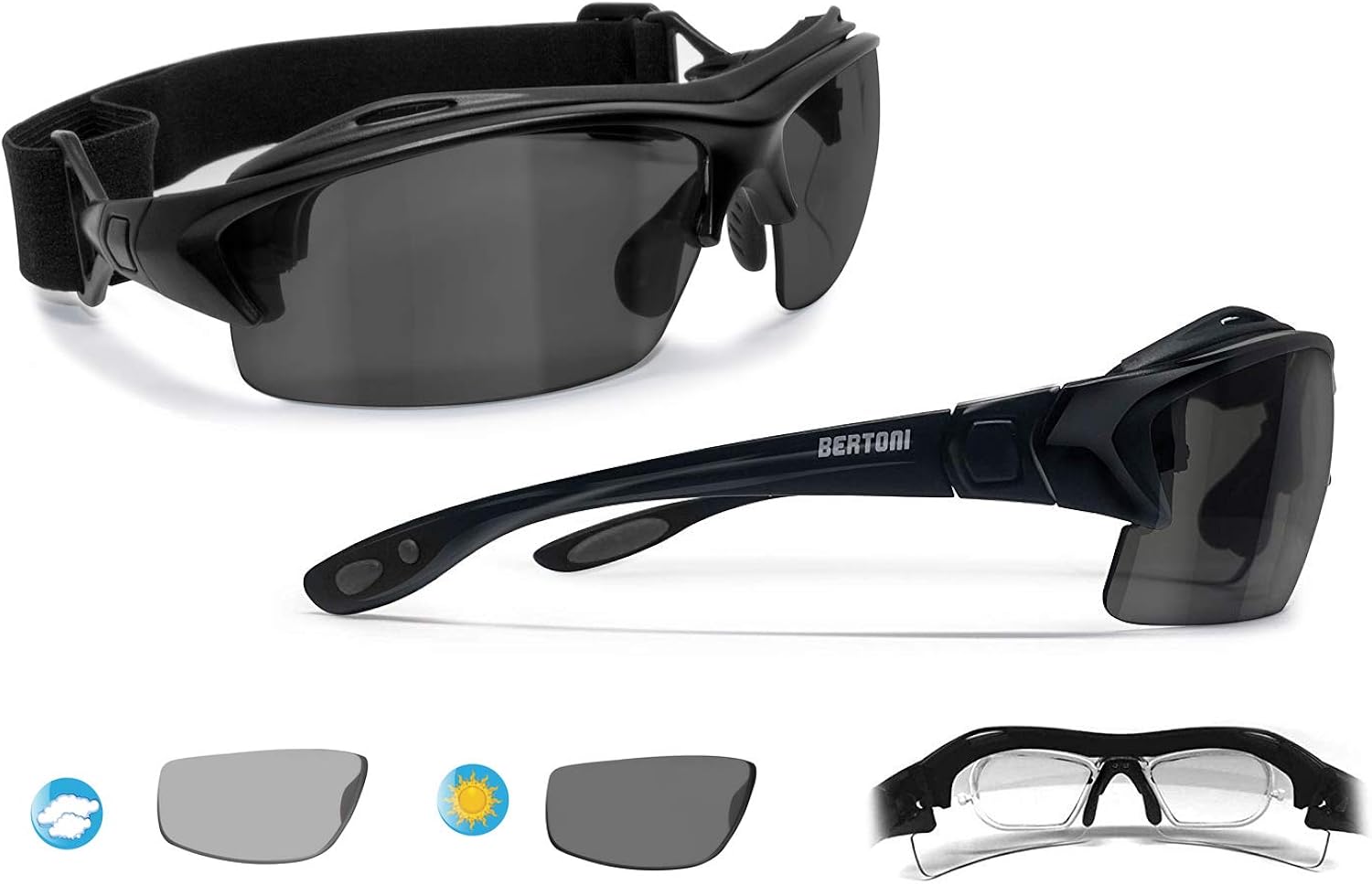 Amazon Com Bertoni Prescription Sport Sunglasses With Photochromic Polarized Lenses Sport Goggles With Optical Clip For Prescription Interchangeable Arms Strap P399d1ft Clothing