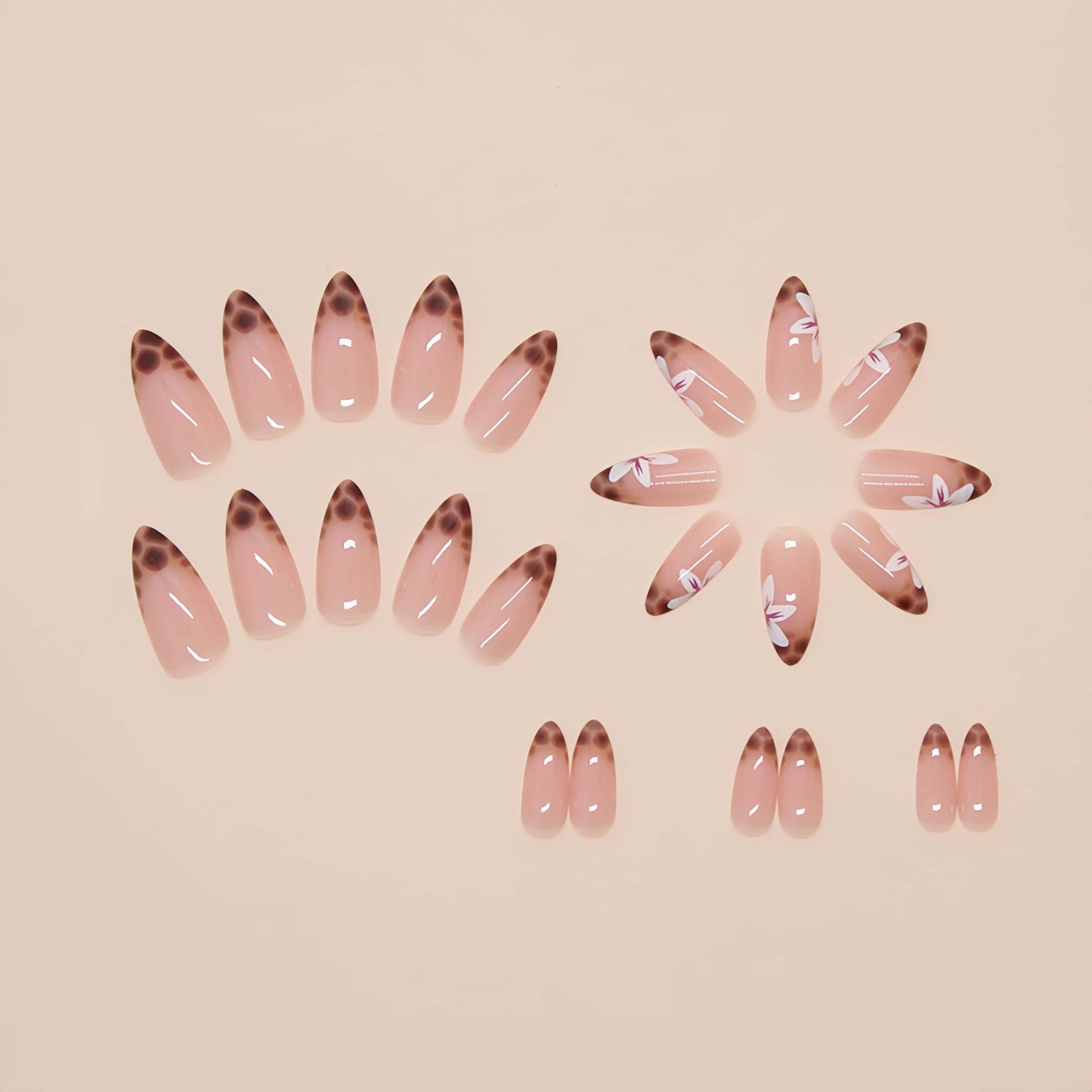 24Pcs French Tip Press on Nails Almond Fake Nails Leopard French Flower False Nails Medium Glue on Nails Glossy Acrylic Nails Reusable Stick on Nails Full Cover Nail Tips for Women Girls - Image 2