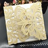 WOMHOPE 50 Pcs - Flower Hollow Laser Cut Lace Shimmer Wedding Invitation Party Invitations Cards Birthday Invitations Cards Wedding Favors (Gold)