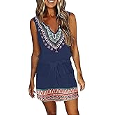 SAUKOLE Womens Sleeveless T Shirt Dresses Casual Cute Floral Print Short Dress Summer Fashion Front Pockets