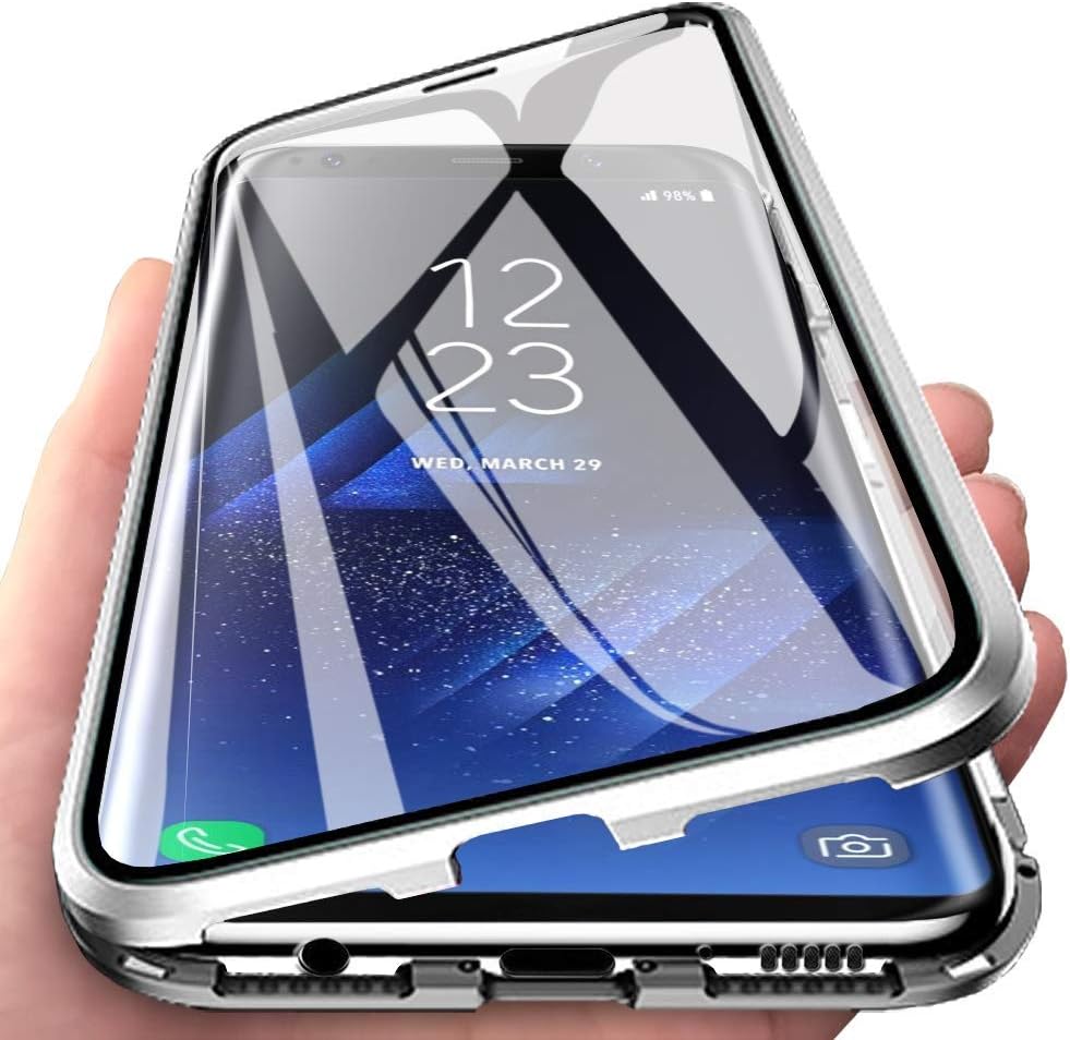 Wishcover Compatible for Xiaomi Redmi Note 8 Pro Case Magnetic Adsorption Ultra Thin 360 Degrees Fully Screen Protective Case Metal Aluminum Frame Transparent Front and Back Tempered Glass Cover