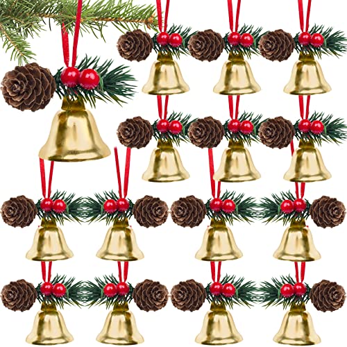 MCPINKY Christmas Bells, 24PCS Gold Jingle Bells Craft Bells with Holly Leaves Berries Pinecones for Gift Bags Hanging Christmas Garland Decoration Xmas Tree Decor