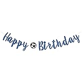 Soccer Happy Birthday Banner, Soccer Birthday Banner, Sport Football Theme Bithday Party Decorations Supplies (Blue Glitter)
