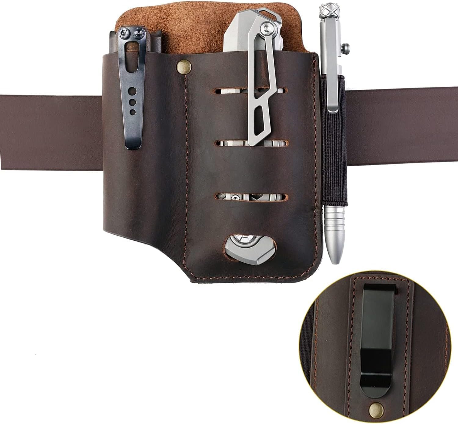 VIPERADE PJ15 Multitool Sheath for Belt, EDC Pocket Organizer for Men, Leather Pouch with Keychain, Flashlight Holder, Pen Holder, Tools Sheath Knife Sheath for Leatherman-Brown
