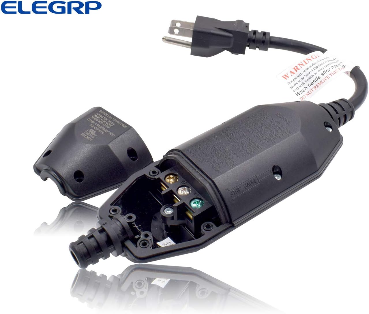 ELEGRP G1215CA Auto Reset Inline GFCI Replacement Plug Assembly 15 Amp 3 Wires 3-Prongs NEMA 5-15P Grounding for Power Pressure Washer, Pool Pump and More, UL Listed (1 Pack, Black) - - 