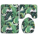 HOMESTORES 3 Piece Bathroom Rug Set - Martinique Banana Leaf Skidproof Toilet Bath Rug Mat U Shape Contour Lid Cover For Shower Spa