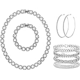 HaHaGirl Cuban Link Chain Necklace Bracelet Rhinestone Earrings Bling Necklace Bracelet Hoop Earrings for Women Jewelry sets