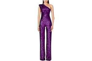 Women's Sparkly Sequin Jumpsuit Ladies Shiny Sequin Overalls Pants Off One Shoulder Jumpsuits for Party Club Dinner
