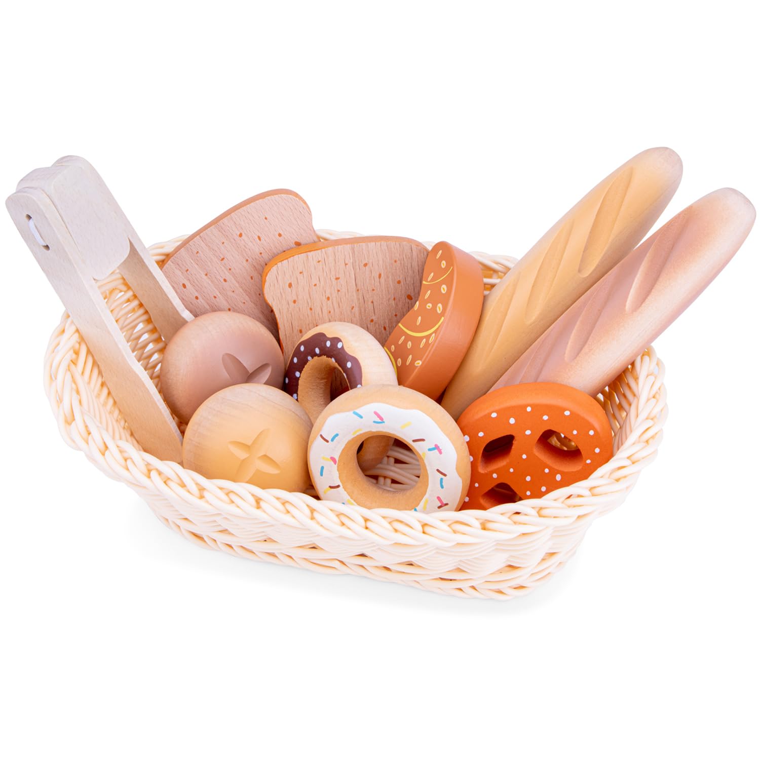 Woet® Wooden Toy Bread Basket for Kids - With Baguettes, Croissant, Pretzel, Donuts and Bread - Includes Tongs - Role Play Kitchen Toy - Age 2 Years+