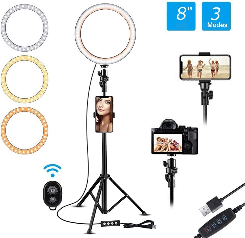 8" Selfie Ring Light with Adjustable Tripod Standing dimmable Camera Ring Light and Mobile Phone Holder for Live Stream YouTube Video Makeup Vlog Photography