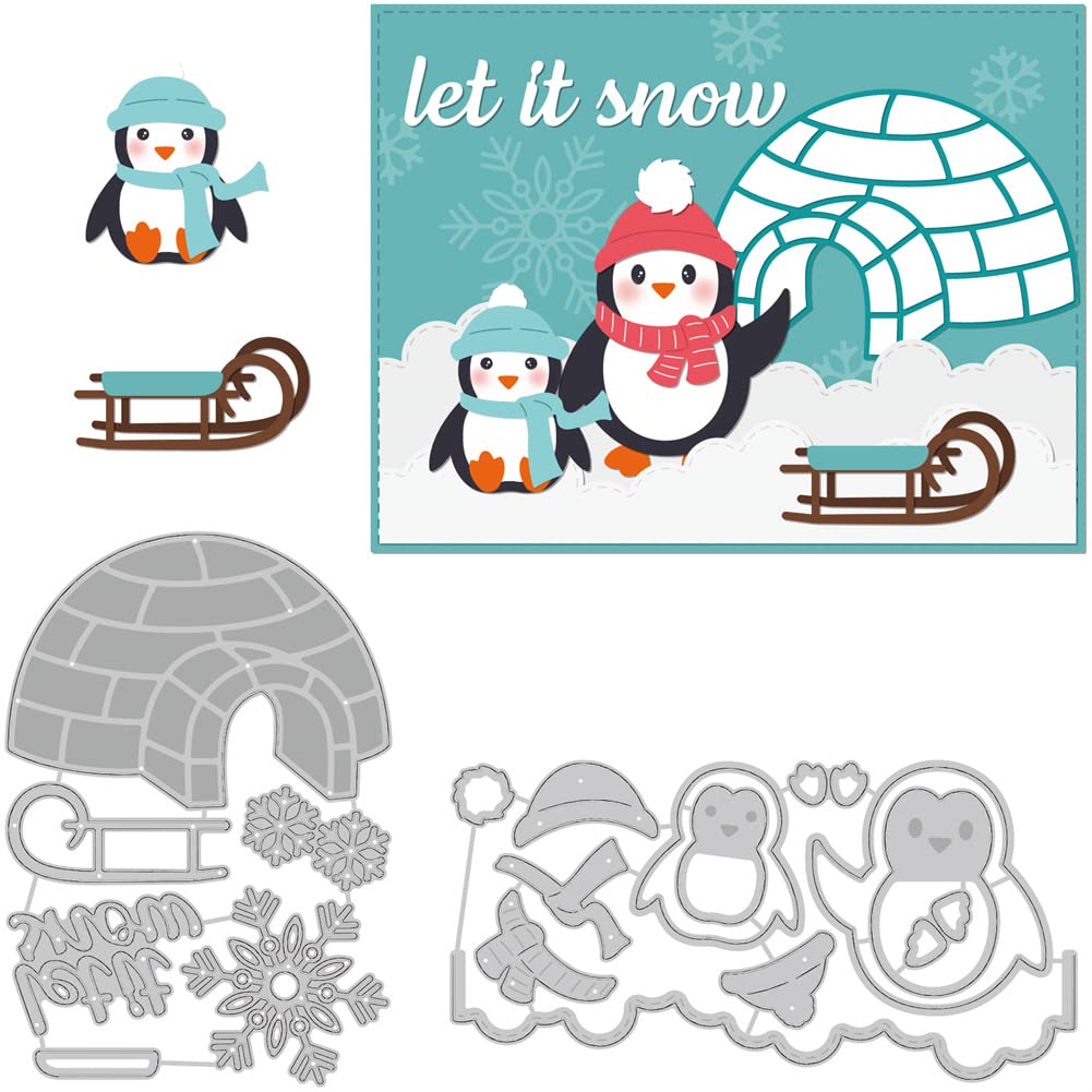 BENECREAT Penguin Igloo Pattern Carbon Steel Cutting Dies Stencils, Let it Snow Words Craft Dies for DIY Paper Craft Card Making Scrapbooking Decor
