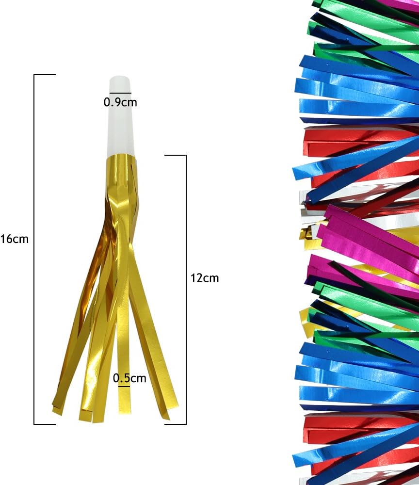HEHALI 72pcs 2 Kinds of Musical Blowouts, Colorful Paper Noisemaker and Glitter Fringed Metallic Blow Outs Whistles for Party: Toys & Games