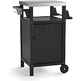 Overstock Barbecue/Grill Side Table Trolley, Outdoor Prep Dining Table Serving Cart with 304 Stainless Steel Top-HDPE Black