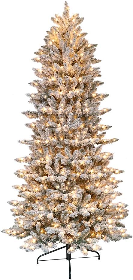 Trees - Puleo International 7.5 Foot Pre-Lit Slim Flocked Fraser Fir Artificial Christmas Tree with 500 UL Listed Clear Lights