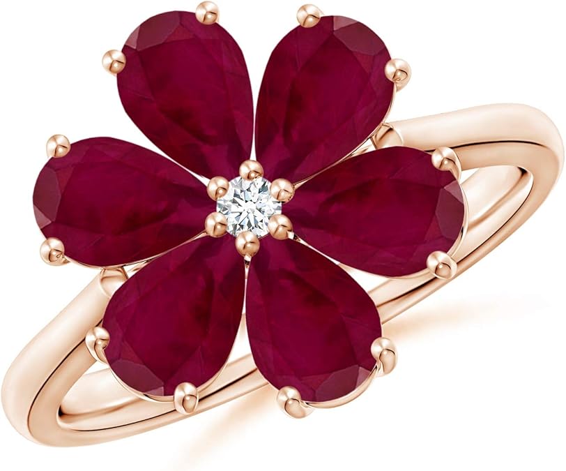 Nature Inspired Ruby & Diamond Flower Ring in 14K Rose Gold (6x4mm Ruby) Amazon.co.uk Jewellery
