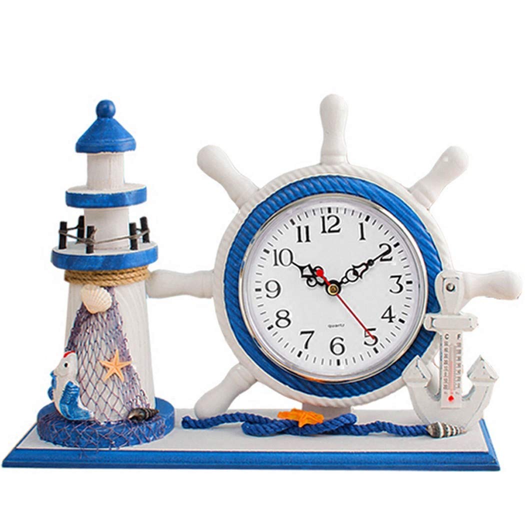 SWHONG Wooden Mediterranean Art Clock Shabby Chic Lighthouse Ornament Rubber Kids Table Clock for Bathroom Kitchen