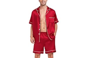 SWOMOG Men Silk Satin Pajamas Sets Short Sleeve Sleepwear Button-Down PJs Sets Two-Pieces Loungewear with Pockets