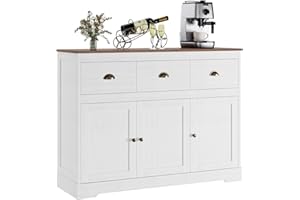 Keyluv Buffet Cabinet Storage Kitchen Sideboard Farmhouse Buffet Server Bar Wine Cabinet with 3 Drawers & 3 Doors Adjustable Shelves Console Table for Dining Living Room Cupboard, Antique White