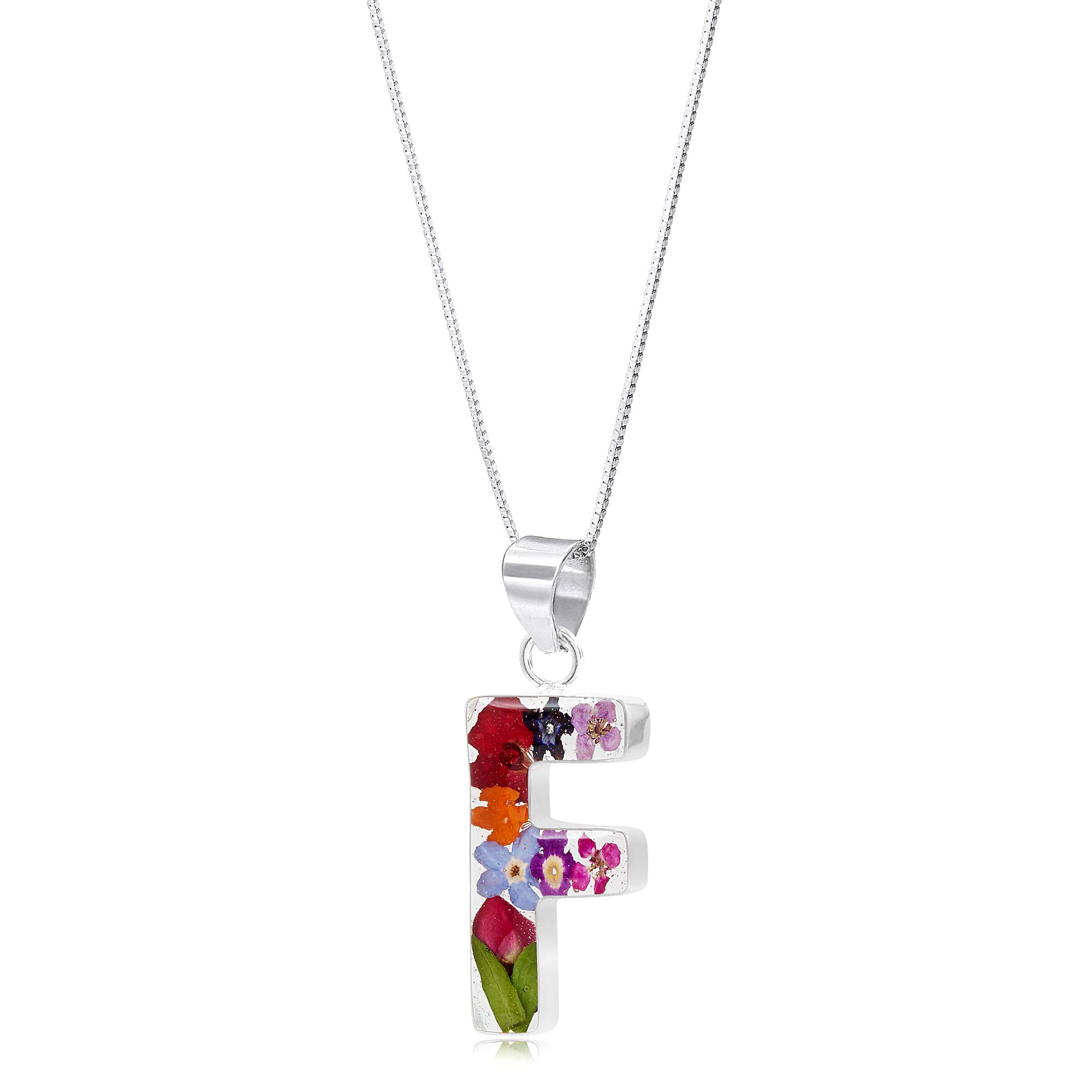 Shrieking Violet 925 Sterling Silver Letter Real Flower Initial Pendant Necklace - Assorted Flowers (Multicolour)
