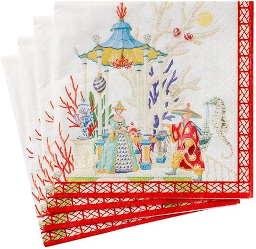 Caspari Coral Pagoda Paper Cocktail Napkins, Two Packs of