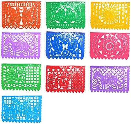 Mexican Papel Picado PLASTIC Banner with 10 Horizontal Panels - Great for Mexican Party Fiesta Decorations