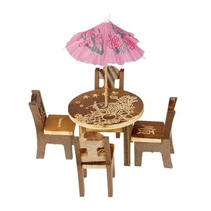 BESTIM INCUK 1 Set Miniature Fairy Garden Mini Wooden Furniture Set Table Chairs