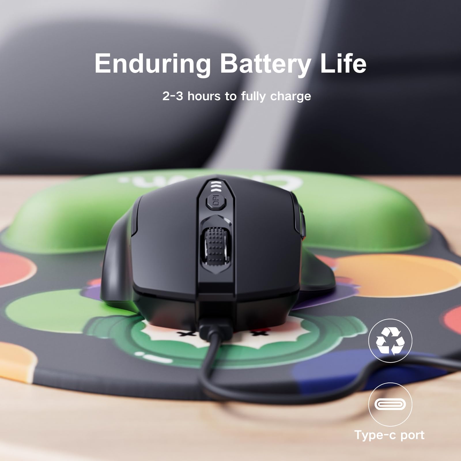 Uineer kabellose Maus, [Verbessert] Mit visueller Batterieanzeige, 2.4G USB Ergonomische Maus kabellos, 4 einstellbare DPI-Stufen,PC Mouse für Büro- oder Gaming,Mattschwarz 5