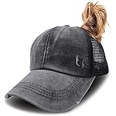KKMKSHHG Criss Cross Baseball Caps, Women Ponytail Mesh Hat Distressed High Messy Bun Trucker Ponycap Black