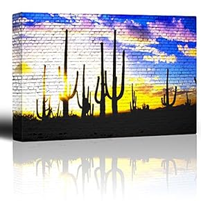Cactus in The Sunrise on a brickwall - Two Worlds Collide - Country Western Art Meets Urban Setting - Canvas Art Home Art - 12x18 inches