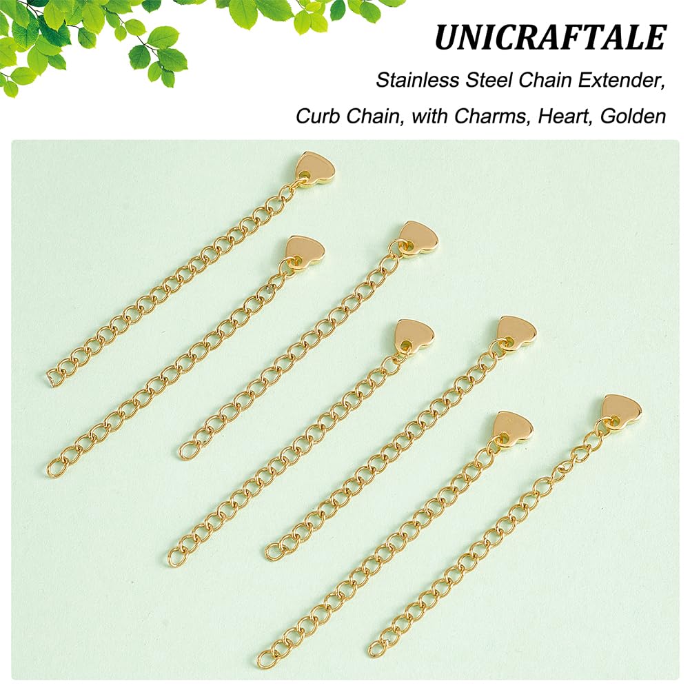 UNICRAFTALE 30pcs 60mm Golden Chain Extension Necklace with Heart Charms - Stainless Steel Chain Extender for Jewelry Making