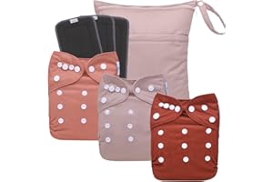 babygoal Reusable Charcoal Cloth Diapers with Double Gussets, 3 Pack Washable Baby Pocket Diapers with 3pcs Charcoal Inserts and Wet Dry Bag(Red Brown,Peach Blossom Pink)