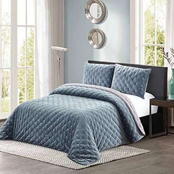 All American Collection New 3 Piece Thick Plush Velvet Coverlet Quilt Set (King Size, Grey-Blue)