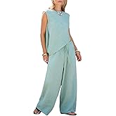 EXLURA Womens Summer Two Piece Sets Cotton Asymmetrical Tank Tops Wide Leg Pants Set Faux Linen Beach Vacation Cruise Outfits