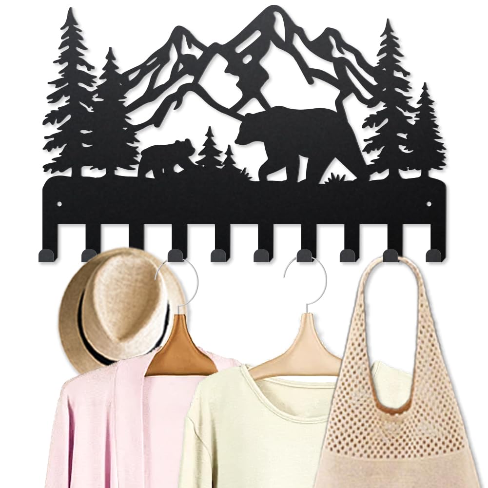 MAYJOYDIY Mountain Bear Metal Key Hook Tree Animal Coat Rack Wall Mounted 40×25cm 10 Hooks Wildlife Natural Landscape Black Art Key Hooks for Coats Hats Towels Bags Hanging — image 1