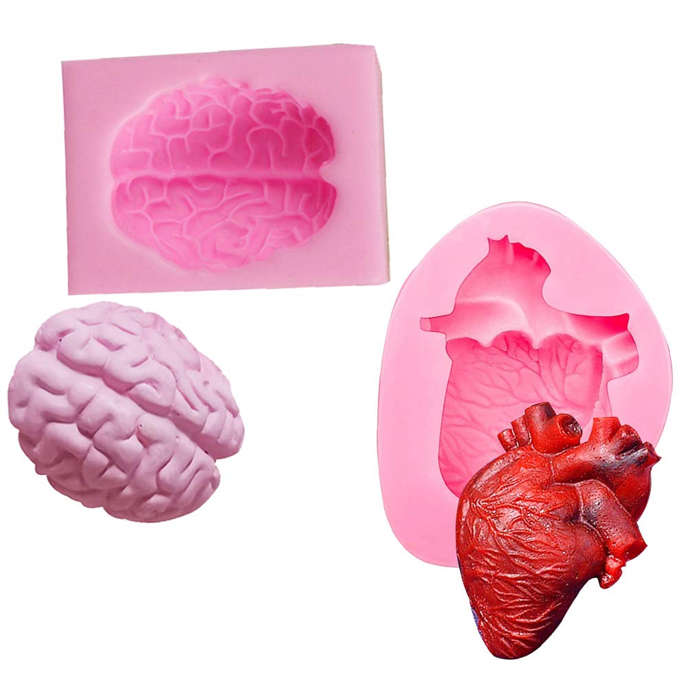 WonDerfulC 2 Pieces of 3D Human Heart and Brain Ice Cream Mousse Moulds, DIY Chocolate Pudding Soap Aromatherapy,DIY Halloween Surprise Organ Silicone Fudge Cake Mould