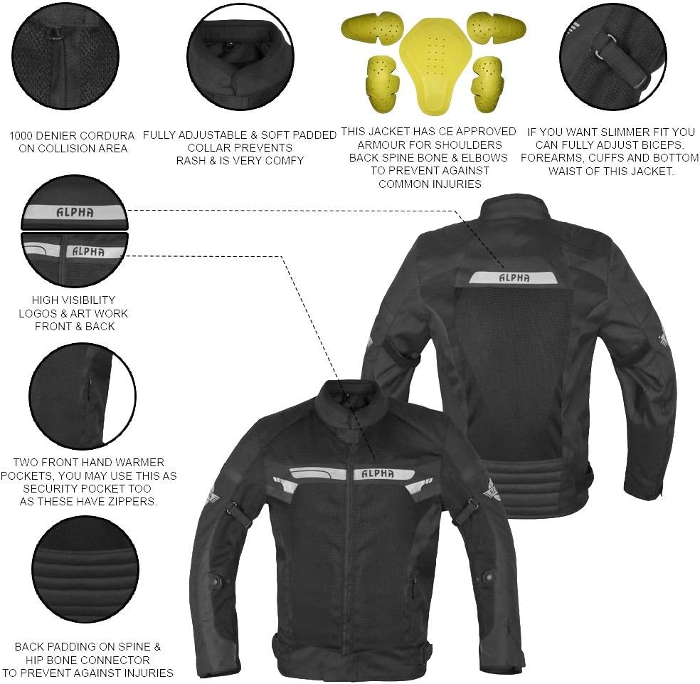 ALPHA CYCLE GEAR BREATHABLE BIKERS RIDING PROTECTION MOTORCYCLE JACKET MESH CE ARMORED (BLACK WIND, MEDIUM): Automotive